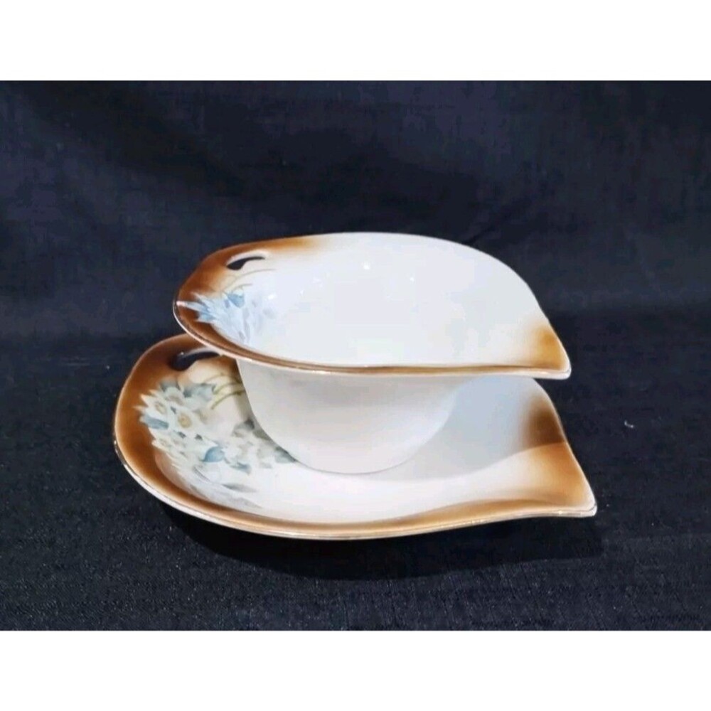 PV Vessra Germany Porcelain Sauce Dish with Underplate Painted Flowers Gold Rim